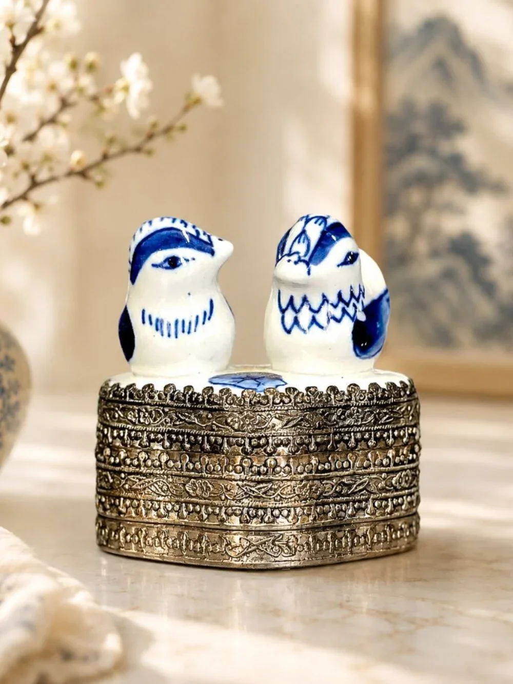 Vintage Blue & White Chinese Silver Plated Trinket Box With Hand-Painted Birds